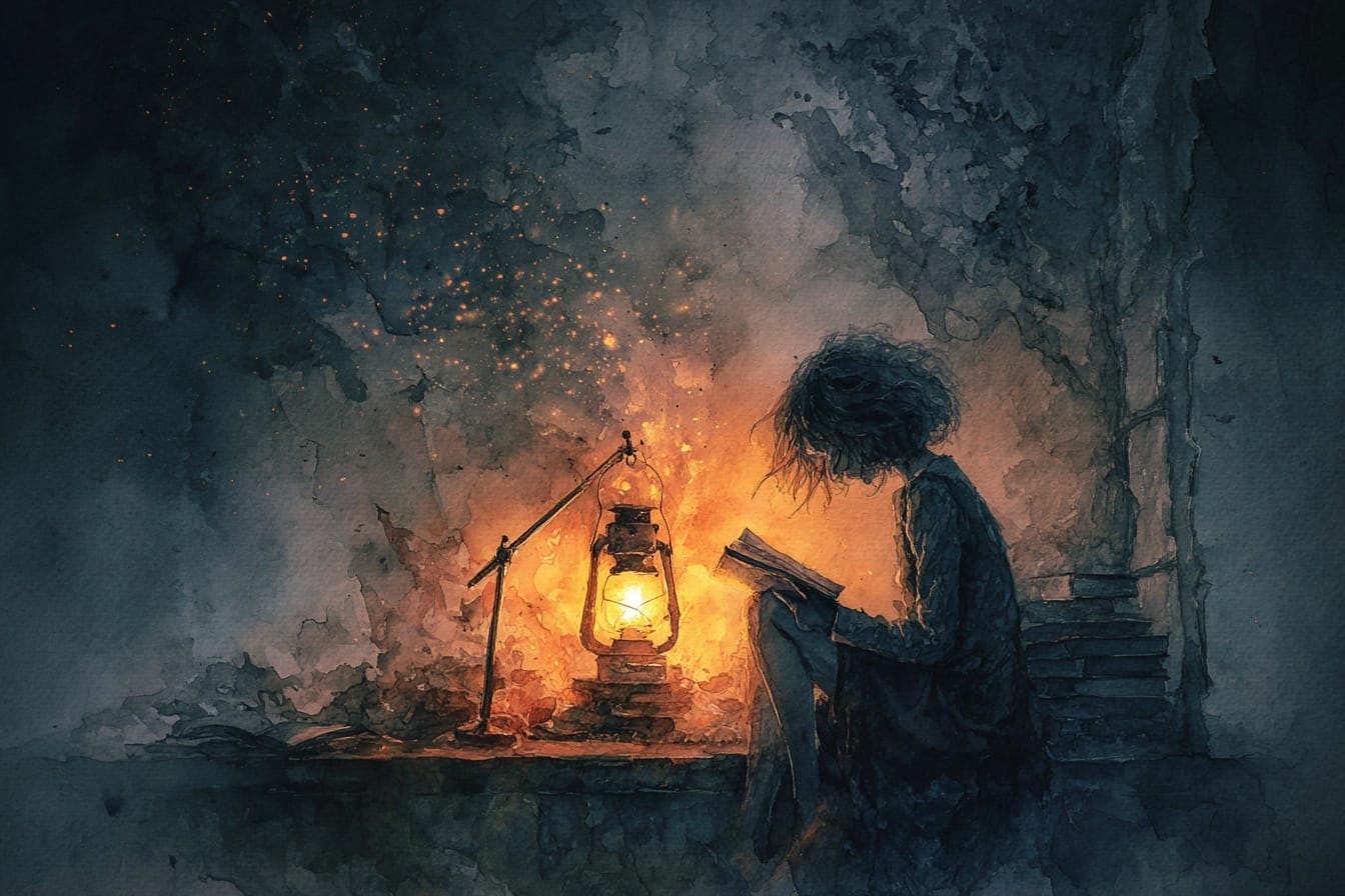 Watercolour illustration of a person reading by lantern light, warm orange glow against deep blue shadows.