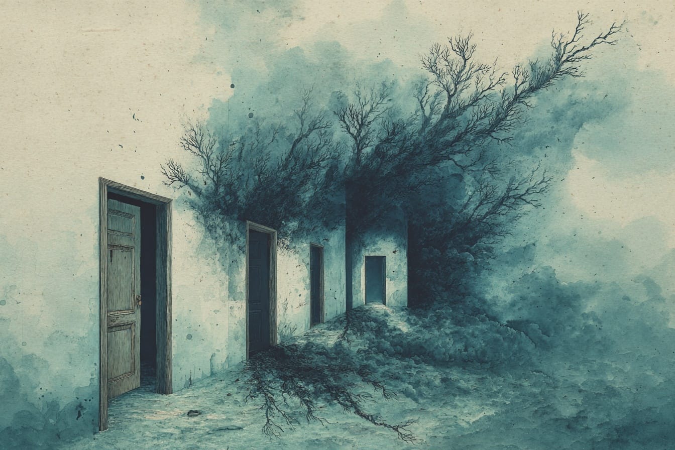 Watercolour illustration of open doorways fading into shadow, tree roots and branches creeping through the walls in eerie blue tones.