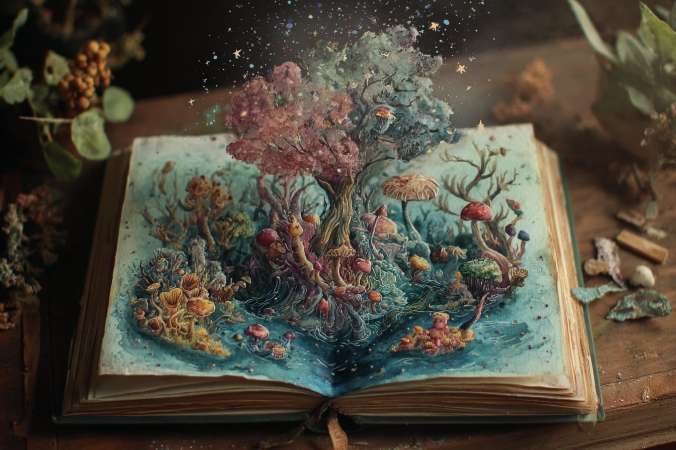 Surreal watercolour illustration of an open book with trees, mushrooms, and stars rising from the pages like a living world.
