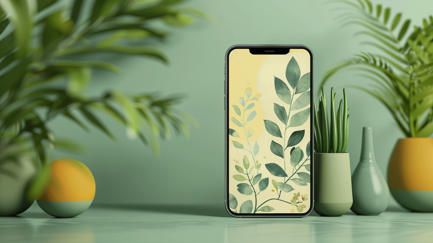 Smartphone with botanical illustration on screen, surrounded by plants and soft green tones, symbolising mobile-friendly design.