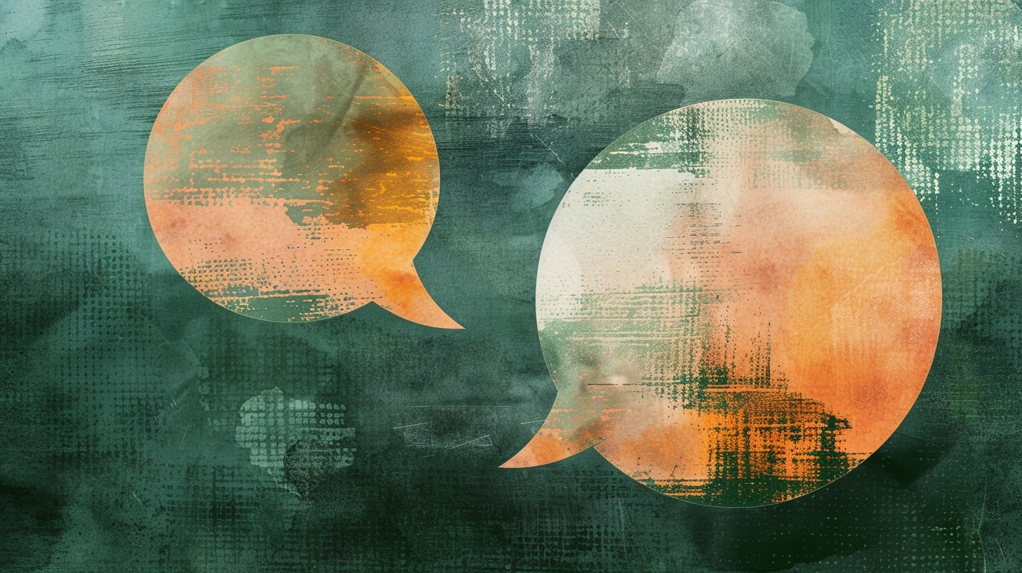 Illustration of two speech bubbles overlapping in earthy green tones, symbolising conversation.