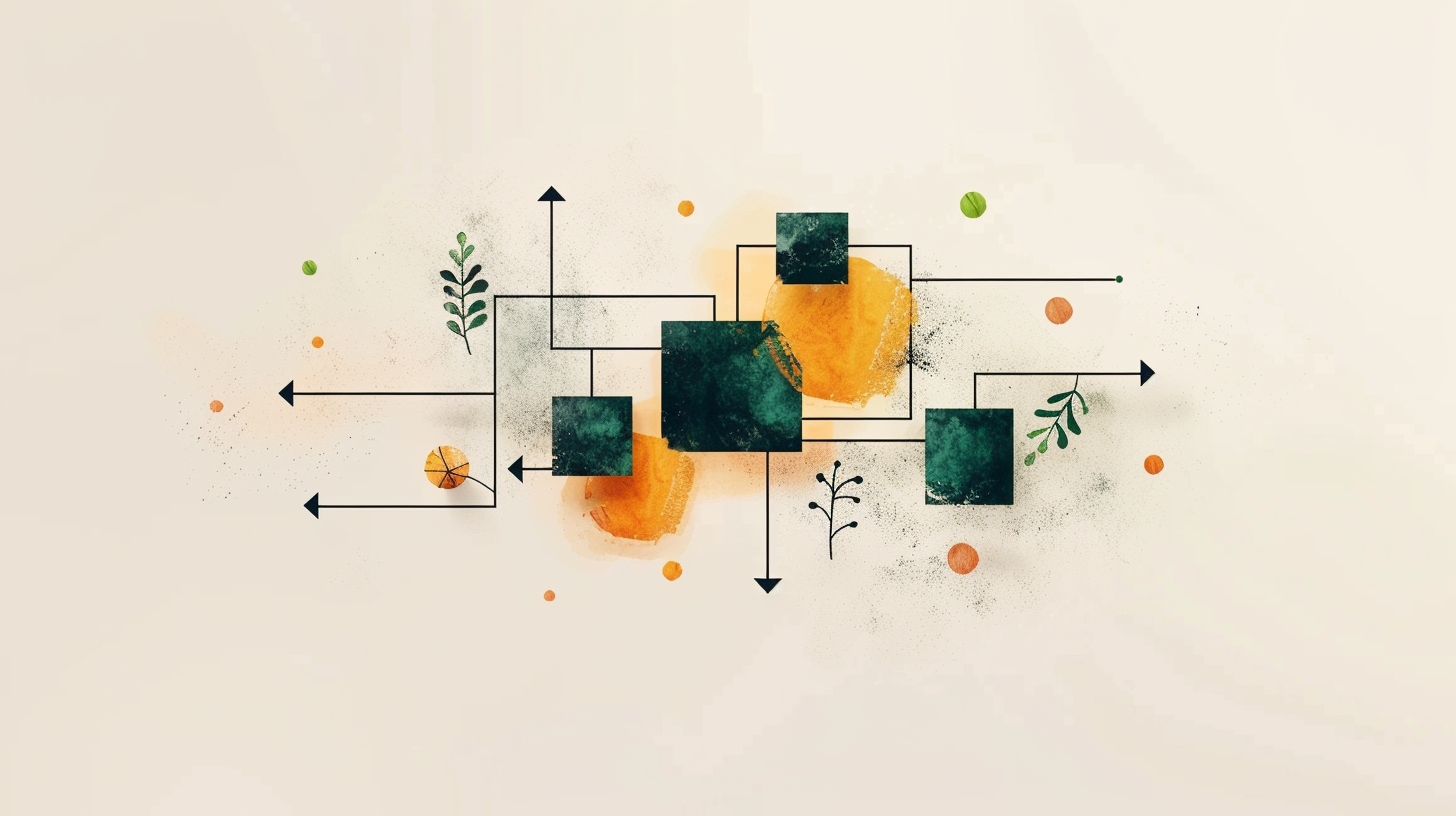 Abstract flow diagram with arrows and coloured blocks in earthy green and orange, representing user experience and navigation paths.