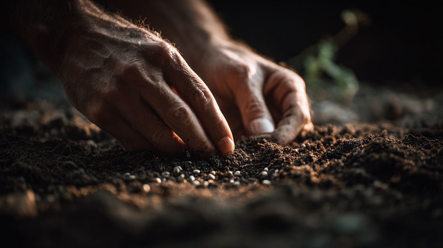 Hands pressing small seeds into rich soil under soft spring light.